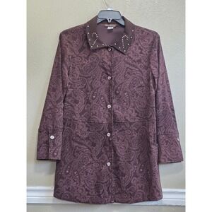 Ranch Dressing Womens L Paisley Ribbed lightweight Jacket Brown Plum Rhinestone